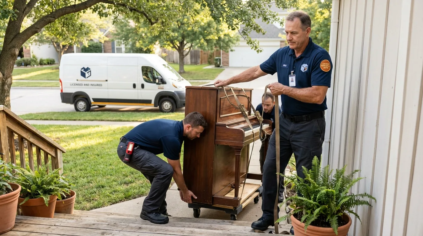Licensed piano movers securing grand piano in South Lebanon, OH