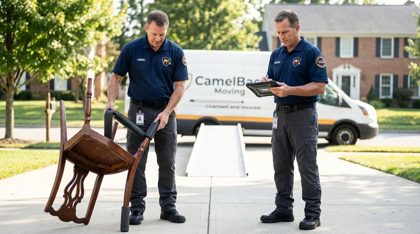 Movers inspecting furniture for damage prevention before loading in South Lebanon, OH