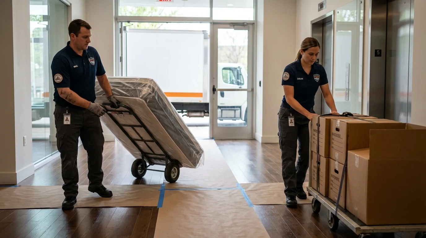 Professional apartment movers loading elevator in South Lebanon, OH