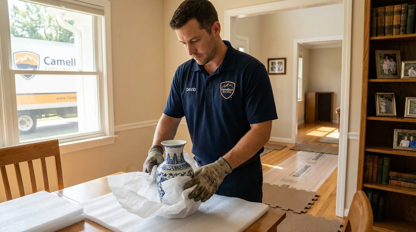Professional crew carefully wrapping antique vase for senior downsizing move in South Lebanon, OH