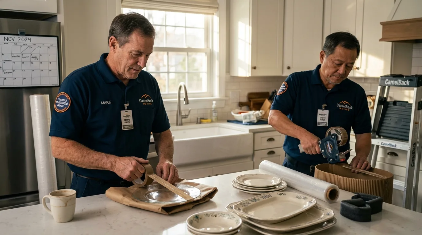 Professional crew packing kitchen dishware in South Lebanon, OH